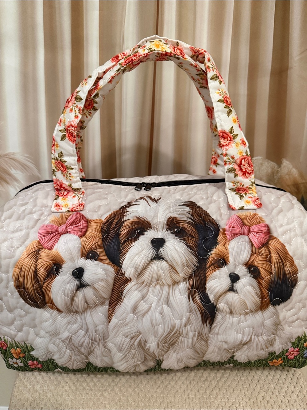 Quilted Floral Handle Travel Bag with Shih Tzu Print - White/Brown NWOT
